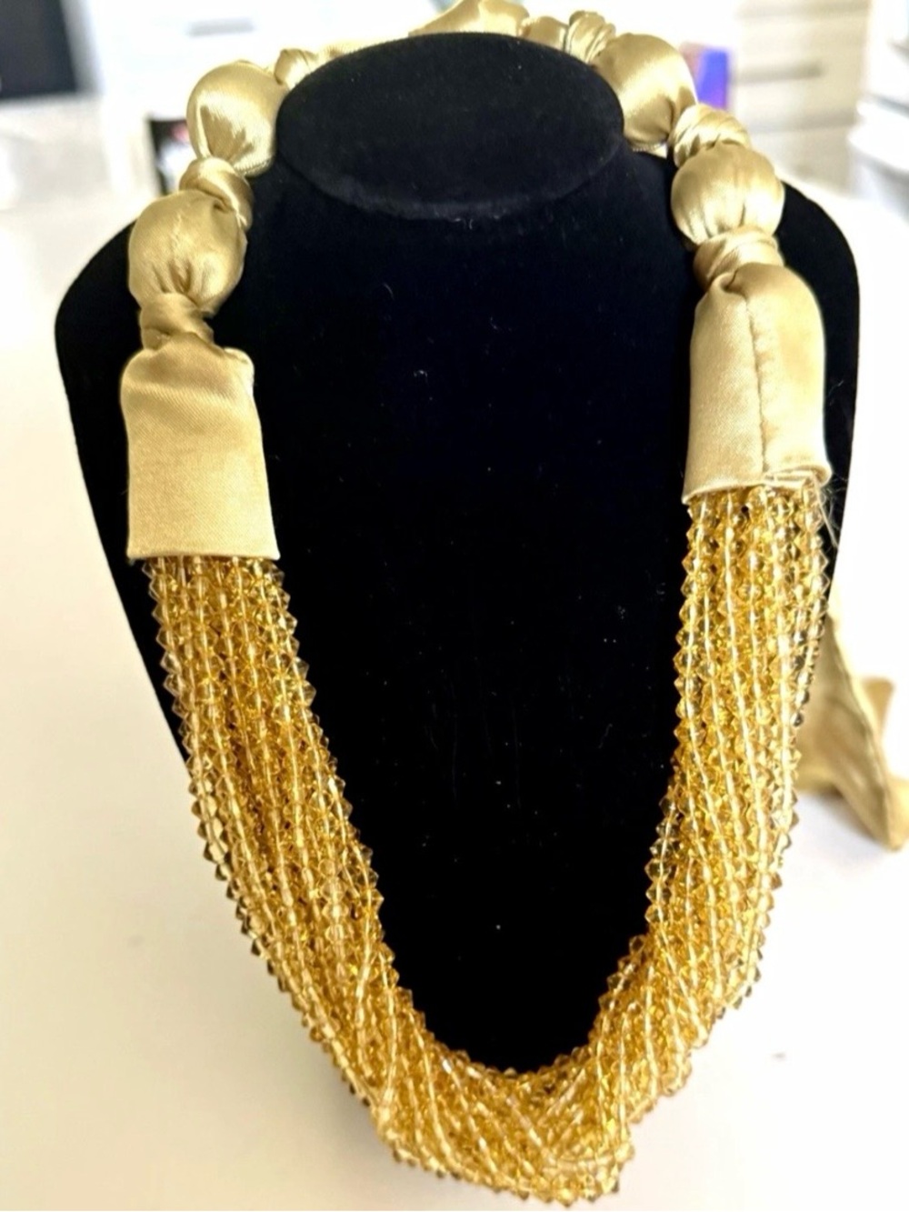 Anthropologie Gold Multi-Strand Beaded Necklace with Satin Ribbon